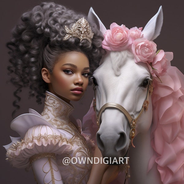 Divine Goddess with White and Pink Mane Horse - AI Art Digital Download - Wall Art - Instant download - Fantasy - Gift ideas