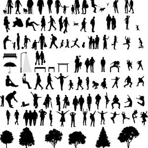 May include: Black and white silhouette illustration of people in various poses and activities. The image includes a variety of people, including adults, children, and couples. Some people are walking, running, jumping, and dancing. Others are standing, sitting, or lying down. The image is set against a white background.
