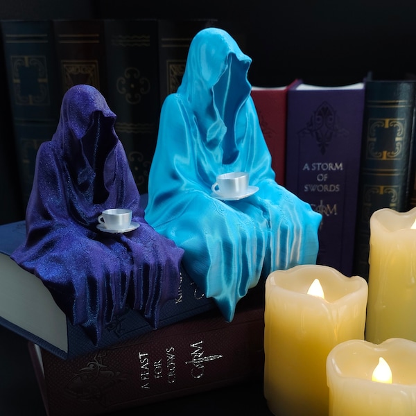 Sitting Ghost with Tea Cup: 3D Printed Book Shelf Decor, Customizable Grim Reaper