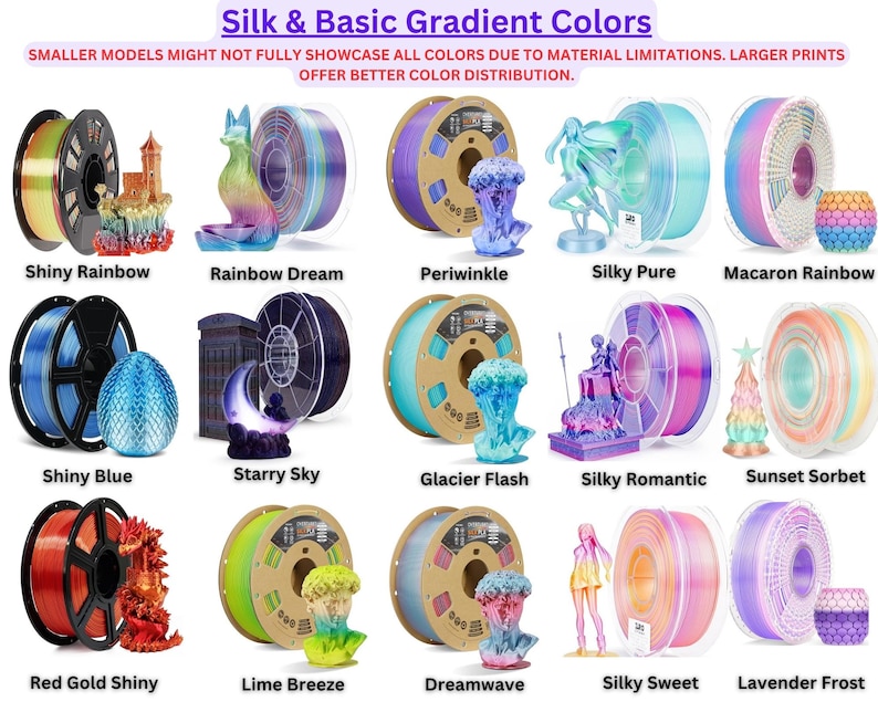 May include: A product display showcasing various spools of 3D printing filament in a range of gradient colors, including Shiny Rainbow, Shiny Blue, and Red Gold Shiny. The image also features small decorative models in matching colors.