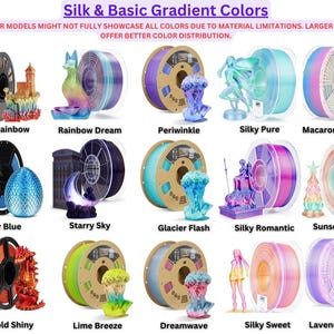 May include: A collection of fifteen 3D printer filament spools in various colors and finishes, including Shiny Rainbow, Rainbow Dream, Periwinkle, Silky Pure, Macaron Rainbow, Shiny Blue, Starry Sky, Glacier Flash, Silky Romantic, Sunset Sorbet, Red Gold Shiny, Lime Breeze, Dreamwave, Silky Sweet, and Lavender Frost.