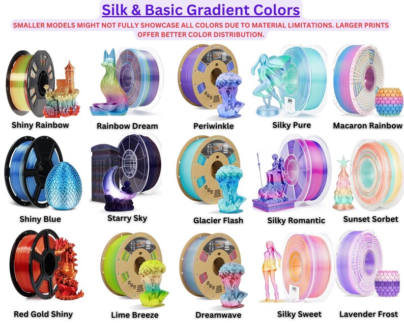 May include: A collection of fifteen 3D printer filament spools in various colors and finishes, including Shiny Rainbow, Rainbow Dream, Periwinkle, Silky Pure, Macaron Rainbow, Shiny Blue, Starry Sky, Glacier Flash, Silky Romantic, Sunset Sorbet, Red Gold Shiny, Lime Breeze, Dreamwave, Silky Sweet, and Lavender Frost.