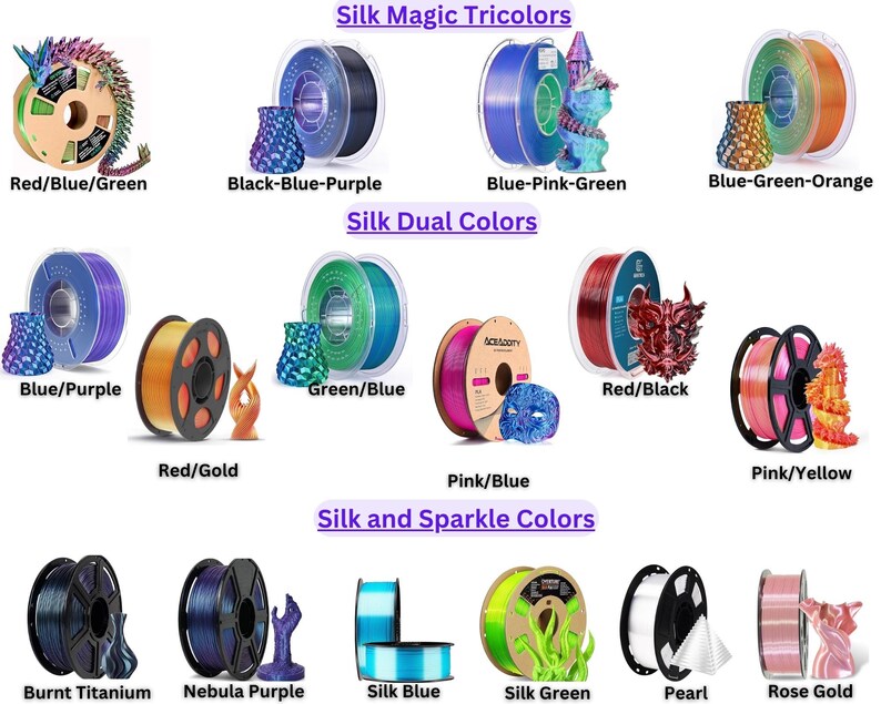 May include: A collection of 3D printer filament spools in various colors and finishes, categorized as Silk Magic Tricolors, Silk Dual Colors, and Silk and Sparkle Colors. Each spool is displayed with a small 3D printed object showing the color.