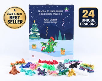 May include: A rectangular advent calendar box featuring a green dragon illustration, a Christmas tree, and text reading 24 DAYS OF 3D PRINTED SURPRISES. Below the box are 16 small, multi-colored 3D printed dragon figurines in various poses.