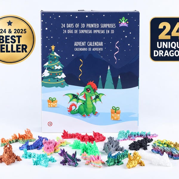 3D Printed Advent Calendar with 24 Articulated Figures: Dragons, Minis or Mix