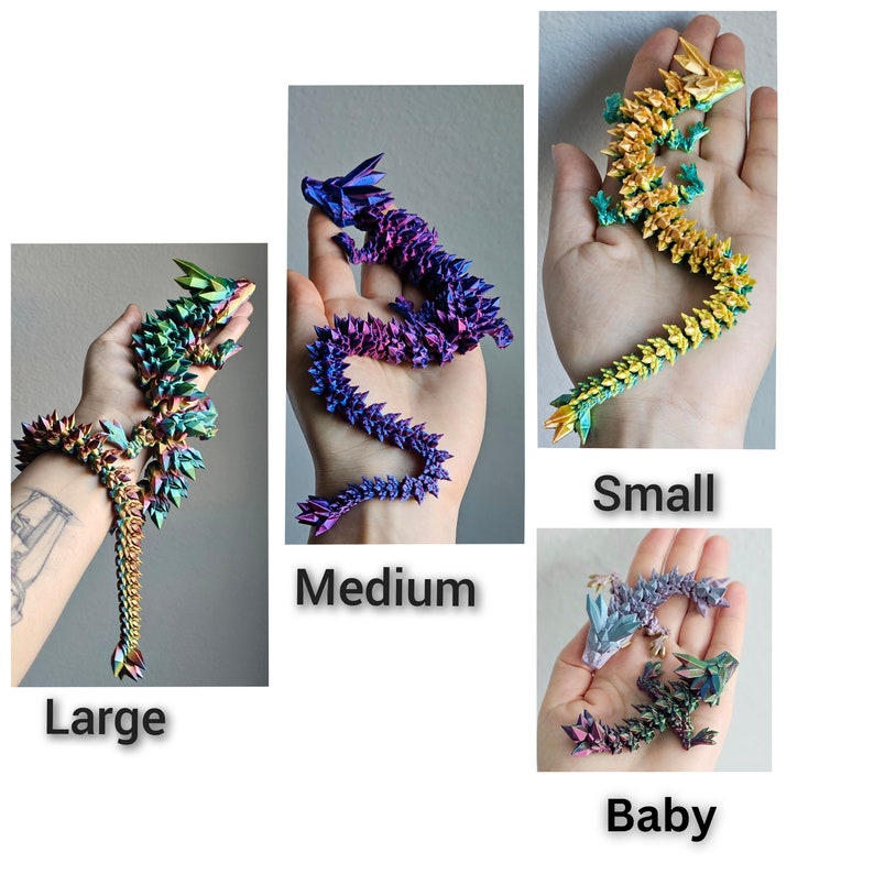 May include: A collection of articulated dragon figurines in various sizes: Large, Medium, Small, and Baby. The dragons are displayed in open hands, showcasing their iridescent, metallic colors. The Large dragon is primarily green and gold, while the Medium dragon is purple and blue.