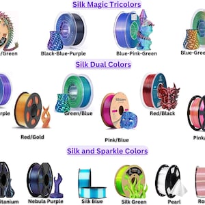 Puede incluir: Una colecci&oacute;n de bobinas de filamento para impresora 3D en varios colores y acabados, categorizadas como Silk Magic Tricolors, Silk Dual Colors y Silk and Sparkle Colors. Cada bobina se muestra con un peque&ntilde;o objeto impreso en 3D.