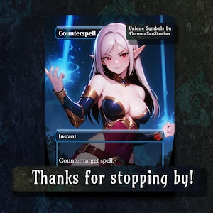 May include: A fantasy art card with a female elf character. The card reads "Counterspell" and "Instant". The elf has long white hair, red eyes, and is wearing a dark blue and gold outfit. The text "Thanks for stopping by!" is at the bottom.