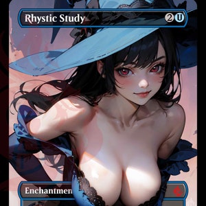 May include: A blue and black magic card with the title "Rhystic Study" and the text "Enchantment". The card features an illustration of a woman with long black hair wearing a blue hat and a black top.