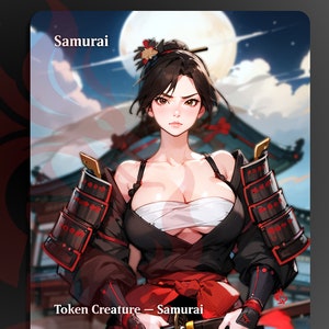 May include: A black and red samurai warrior with a sword, standing in front of a Japanese temple. The warrior is wearing a black and red kimono and has a red sash around their waist. The warrior is holding a sword in their right hand and has a serious expression on their face. The background is a Japanese temple with a moon in the sky.