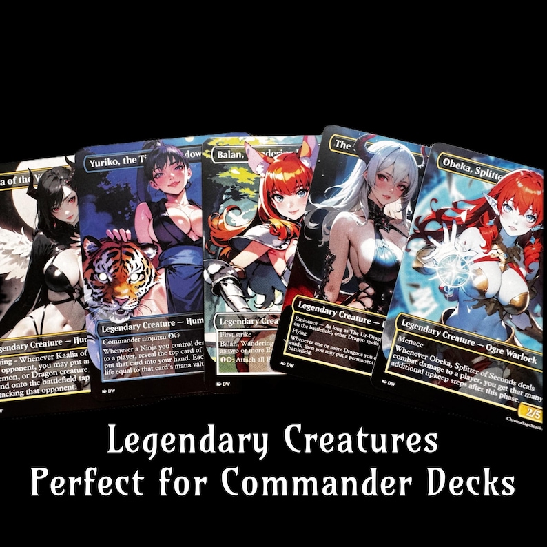 May include: A selection of fantasy trading cards with illustrations of female characters. The cards are labelled "Legendary Creature" and include text. The phrase "Legendary Creatures Perfect for Commander Decks" is displayed at the bottom.