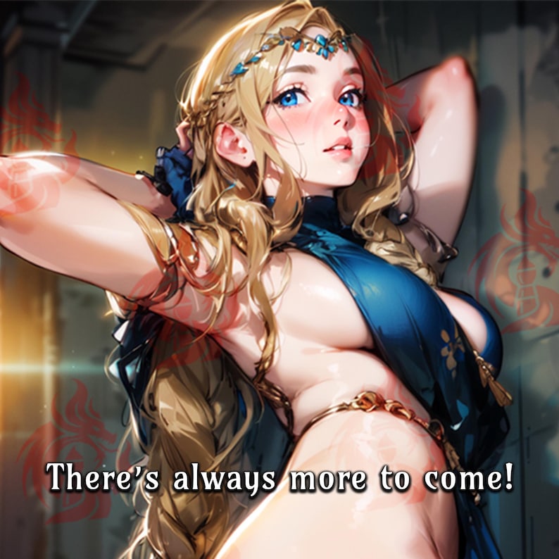 May include: Digital artwork of a woman with long blonde hair, blue eyes, and a blue dress. She is wearing a gold headpiece and jewellery. The text "There's always more to come!" is at the bottom of the image.