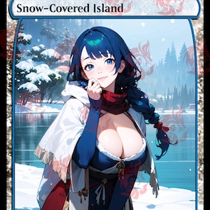 以下が含まれることがあります： 青い雪に覆われた島と、青い髪と赤いスカーフをした女性が描かれたカード。女性は白いコートと青いドレスを着ている。背景は雪に覆われた湖のある風景である。