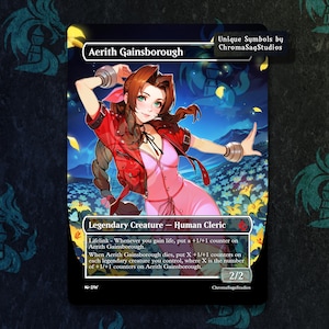 Könnte beinhalten: Eine Sammelkarte mit Aerith Gainsborough, einer legendären Human Cleric. Das Kartenmotiv zeigt eine Frau in einem rosa Kleid und einer roten Jacke vor einem Blumen- und Berg-Hintergrund. Der Text "Unique Symbols by ChromaSagStudios" ist enthalten.
