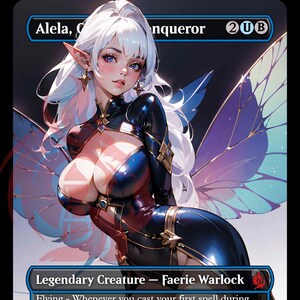Puede incluir: Alela, Conquistadora, una carta de criatura legendaria azul, negra y blanca con una mujer de cabello blanco y ojos azules que lleva un atuendo negro y azul con un diseño de mariposa. La carta tiene el texto "Alela, Conquistadora" y "2UB" en la esquina superior derecha.