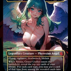 May include: Atraxa, Grand Unifier, a legendary creature card from the Magic: The Gathering trading card game. The card features a colorful illustration of a woman with green hair and wings, and the text "Atraxa, Grand Unifier" and "Legendary Creature - Phyrexian Angel" in black and white.