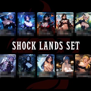 May include: A set of ten illustrated cards featuring various women in different poses and outfits. The cards are arranged in two rows of five, with the text "SHOCK LANDS SET" displayed in the centre.