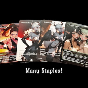 May include: A selection of Magic: The Gathering cards with anime-style illustrations. The cards include "Demonic Tutor" and "Doubling Season". The image displays the text "Many Staples!" at the bottom, indicating a collection of essential cards.