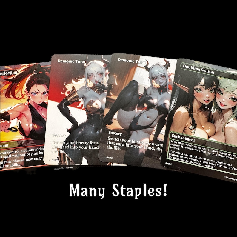 May include: A selection of Magic: The Gathering cards with anime-style illustrations. The cards include "Demonic Tutor" and "Doubling Season". The image displays the text "Many Staples!" at the bottom, indicating a collection of essential cards.