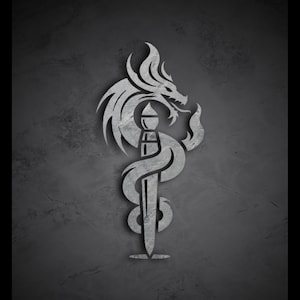May include: A silver-colored dragon wrapped around a sword, with flames coming from its mouth. The design is on a dark gray background.