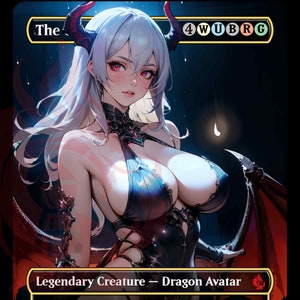 Puede incluir: Una ilustración de fantasía de un avatar de dragón femenino con cabello blanco, ojos rojos y cuernos negros. Lleva un atuendo de cuero negro con una gema roja en el pecho. El fondo es oscuro con algunos puntos blancos. El texto "The" y "Legendary Creature - Dragon Avatar" es visible en la parte superior e inferior de la imagen.