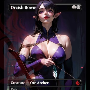 May include: A fantasy trading card featuring an illustration of a female Orc Archer with purple clothing and a bow and arrow. The card text reads "Orcisch Bowm" and "Creature - Orc Archer".
