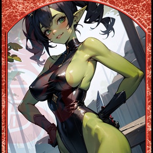 Peut inclure: Illustration d'un personnage à la peau verte avec des oreilles pointues, vêtu d'une tenue noire et tenant un couteau. Le personnage a des cheveux noirs et des yeux verts, avec une expression confiante. L'image est encadrée d'un bord rouge.