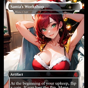 Puede incluir: Una carta de Magic: The Gathering con temática navideña que presenta a una mujer con un traje de Papá Noel rojo y blanco. La carta se titula "Santa's Workshop" y tiene el texto "Mana Crypt" y "Artifact". El texto de la carta dice: "Al comienzo de tu mantenimiento, lanza una moneda. Si pierdes el lanzamiento, Mana".