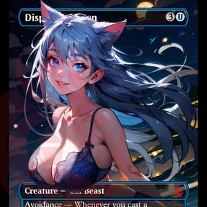 May include: A fantasy trading card featuring a blue-haired woman with cat ears, wearing a black lace bra. The card has a blue and white border with the text "Dispersion" and "Creature - Beast" in the top left corner. The card also has a mana cost of 3 blue mana and a red mana symbol in the bottom right corner.