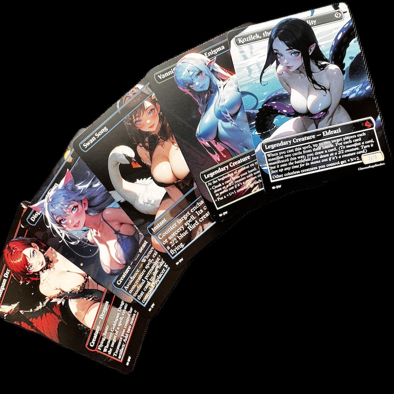 May include: A collection of collectible trading cards with anime-style illustrations of female characters. The cards feature various designs, including a swan, a blue-skinned woman, and a woman with tentacles. The cards are displayed against a black backdrop.