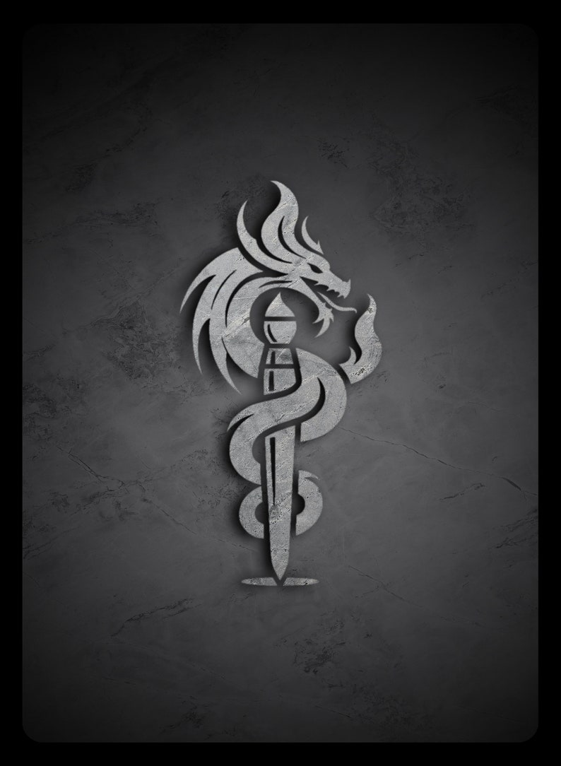 May include: A detailed, textured, grey dragon and sword emblem on a dark grey background. The dragon is positioned above the sword, with its body wrapping around the blade. The design has a 3D effect, creating depth and shadow.
