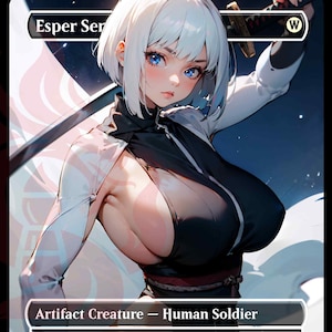 May include: A white and black fantasy-style trading card featuring a woman with white hair and blue eyes holding a sword. The card text reads "Esper Sentinel" and "Artifact Creature - Human Soldier".