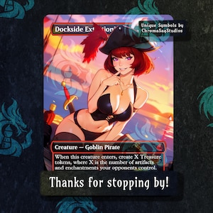 May include: A fantasy trading card depicting a female goblin pirate with red hair, wearing a black bikini top and a pirate hat. The card text reads "Creature - Goblin Pirate" and "When this creature enters, create X Treasure tokens, where X is the number of artifacts and enchantments your opponents control."