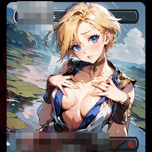 Puede incluir: Una ilustración digital de una mujer con cabello rubio, vestida con un atuendo azul y blanco. Ella está de pie en un ambiente acuático con plantas verdes y una cascada en el fondo.