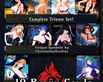 May include: Ten illustrated proxy cards featuring women in various poses and outfits. The cards are labeled with names like "Saval Triome", "Ketria Triome", and "Raugrin Trio". The text "Complete Triome Set!" and "Unique Symbols by ChromaSagStudios" are also visible.