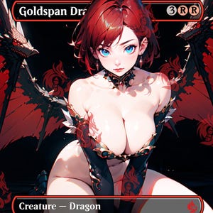 Puede incluir: Una carta de juego de fantasía con una mujer de pelo rojo y ojos azules, vestida con un atuendo negro y dorado con alas rojas. El texto de la carta dice "Goldspan Dragon" y "Criatura - Dragón" con las habilidades "Vuelo, prisa".