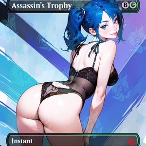 May include: A Magic: The Gathering card with a blue and purple background. The card is titled "Assassin's Trophy" and has a black and green mana cost. The card text reads "Instant. Destroy target permanent an opponent controls."