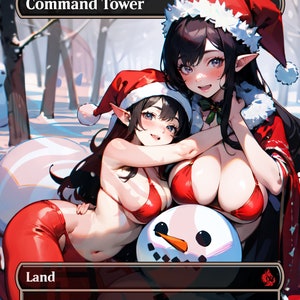 May include: A Christmas-themed illustration of two women wearing red and white Santa hats and bikinis, standing in front of a snowman. The text "Command Tower" is at the top of the image and "Land" is at the bottom.