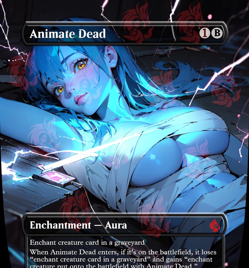 May include: A Magic: The Gathering card labelled "Animate Dead." The card shows a stylized illustration of a woman with blue skin and hair, and yellow eyes. The card is an enchantment aura, with text describing its gameplay effects.