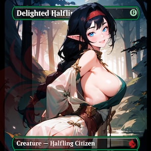 May include: A fantasy trading card featuring a green-eyed, halfling woman with long black hair wearing a red headband and a green and white outfit. The card text reads "Delighted Halfling" and "Creature - Halfling Citizen".