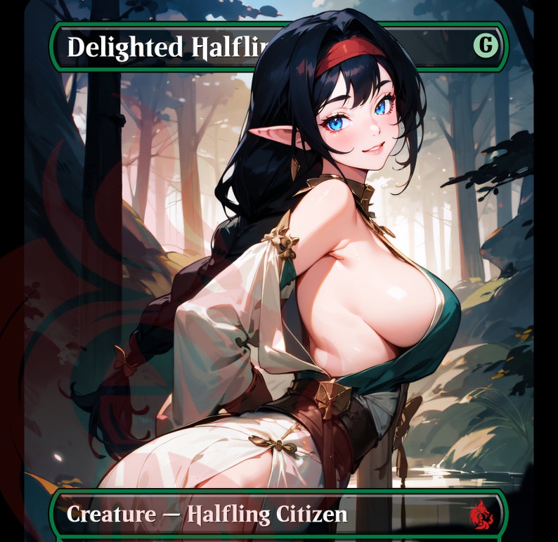 May include: A fantasy trading card featuring a green-eyed, halfling woman with long black hair wearing a red headband and a green and white outfit. The card text reads "Delighted Halfling" and "Creature - Halfling Citizen".