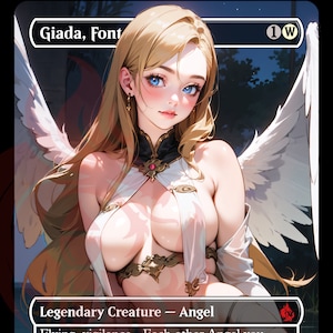Pode incluir: Um anjo branco e preto com cabelo longo loiro e olhos azuis. O anjo está vestindo uma roupa branca e dourada. O texto do cartão diz "Giada, Font of Hope".