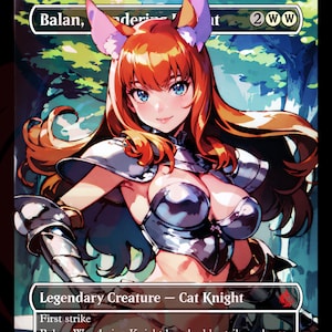 Pode incluir: Uma ilustração de fantasia de um cavaleiro gato com cabelo ruivo e olhos azuis. O cavaleiro está vestindo uma armadura prateada e preta com uma capa. O fundo é uma floresta com árvores verdes e um céu azul. O texto do cartão diz "Balan, Cavaleiro Errante 2WW Criatura lendária - Cavaleiro Gato Primeiro ataque"