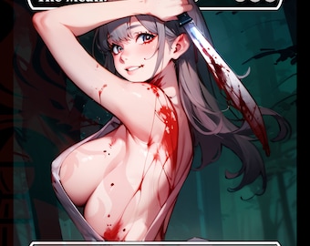 May include: A woman with long, grey hair holds a bloody knife in front of her face. She is wearing a white shirt and has blood splattered on her body. The background is a dark green forest. The text "The Meath" is visible in the top left corner of the image. The text "Legendary Enchantment" is visible in the bottom left corner of the image.