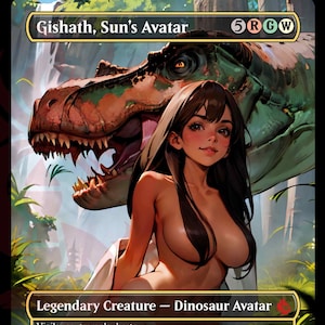 Op de afbeelding: Een fantasievolle illustratie van een vrouw met lang bruin haar die naast een grote groene dinosaurus staat. De vrouw draagt een witte doek die over haar schouders is gelegd. De dinosaurus heeft een grote open bek met scherpe tanden. De tekst "Gishath, Sun's Avatar" staat bovenaan de afbeelding. De tekst "Legendary Creature - Dinosaur Avatar" staat onderaan de afbeelding.