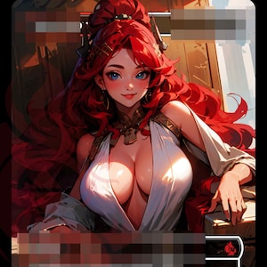 May include: A woman with long, flowing red hair is wearing a white, low-cut dress. She is sitting in a chair with a red cushion. The background is a warm, golden colour.