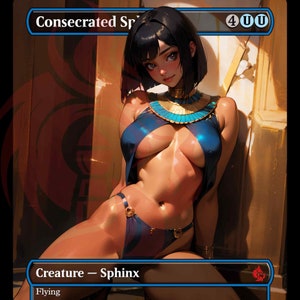 Puede incluir: Una carta de criatura esfinge azul y dorada con el texto "Consecrated Sphinx" y "Creature - Sphinx" y "Flying".