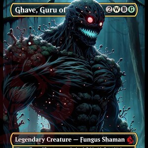 May include: Ghave, Guru of Spores is a legendary creature card from the Magic: The Gathering trading card game. The card is a Fungus Shaman with a mana cost of 2 white, white, black, green. The card art depicts a large, dark, humanoid creature with red eyes and a toothy grin. The creature is covered in moss and has many small, fleshy appendages.