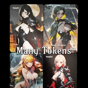 May include: Four fantasy art trading cards featuring female characters. The cards include a vampire, an elf warrior, and other characters. The text "Many Tokens" is displayed across the cards. The cards have a dark, fantasy theme.