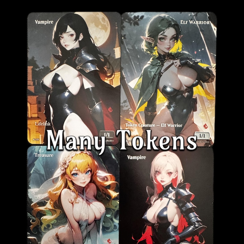 May include: Four fantasy art trading cards featuring female characters. The cards include a vampire, an elf warrior, and other characters. The text "Many Tokens" is displayed across the cards. The cards have a dark, fantasy theme.
